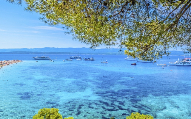 Famous adriatic beach panorama. / Famous adriatic beach Golden Horn (Zlatni Rat) in Bol, Island of Brac, Croatia summertime panorama.